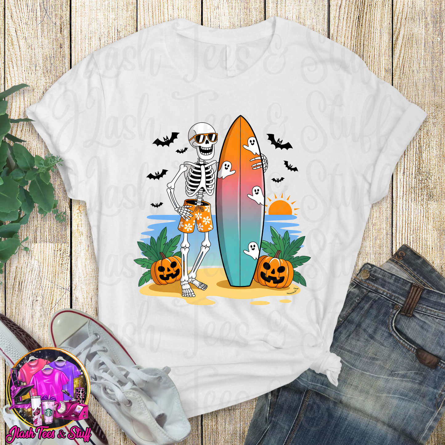 Skeleton with Surf Board